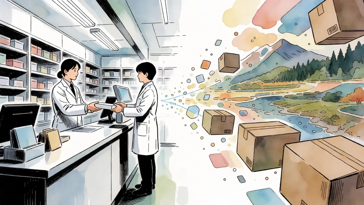 Stylized bridge between pharmacy and international shipping